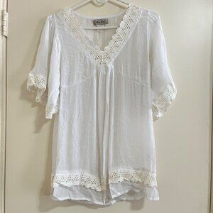 Y2K Babydoll Womens White Crochet Top Sz S Fairy Cottage Boho Peasant Coastal